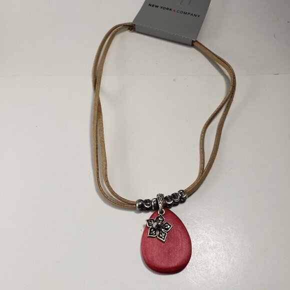 Layered Leather Cord Silver-tone Beads Necklace Red Pendant - New York & Co. - Picture 6 of 9